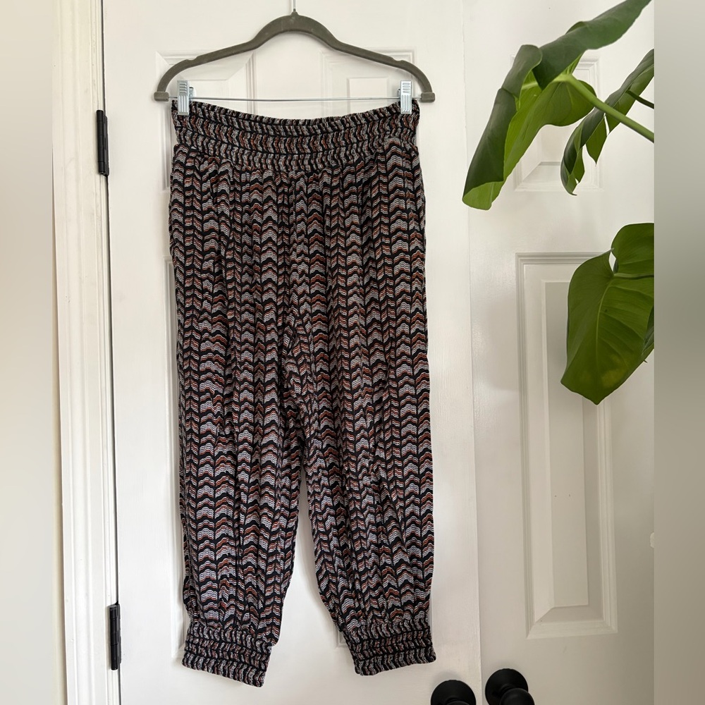 Anthropologie Black and Rust Patterned Smocked Waist Pants